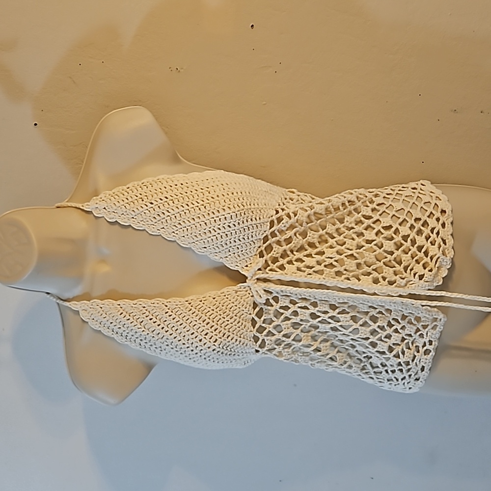 Hand Crafted Crochet Crop-Top Handmade Fishnet Swim Design Cream Summer Layer OS - Picture 10 of 17